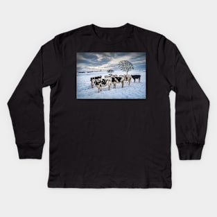 Cows in a Snowy Field with Trees Kids Long Sleeve T-Shirt